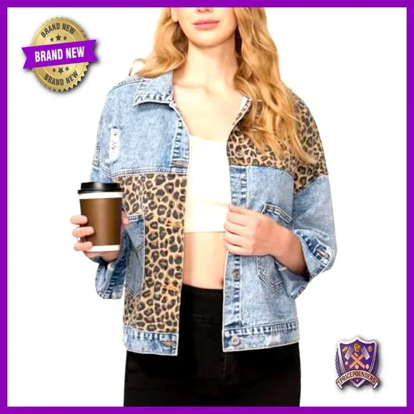 Leopard Print Denim Jacket Distressed Oversized Y2K Chic Casual Wear